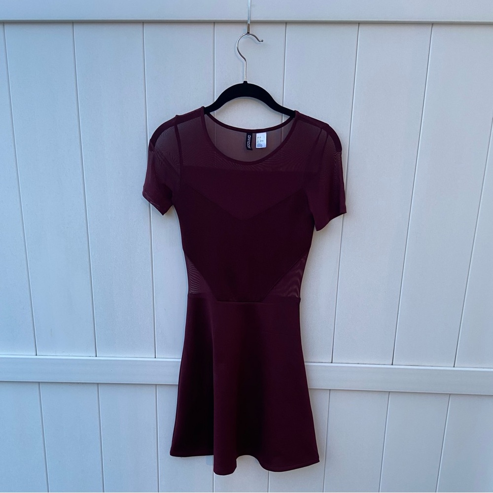 Vintage H&M Divided Skater Dress Mesh Detail, Women’s Size 2, Burgundy Maroon